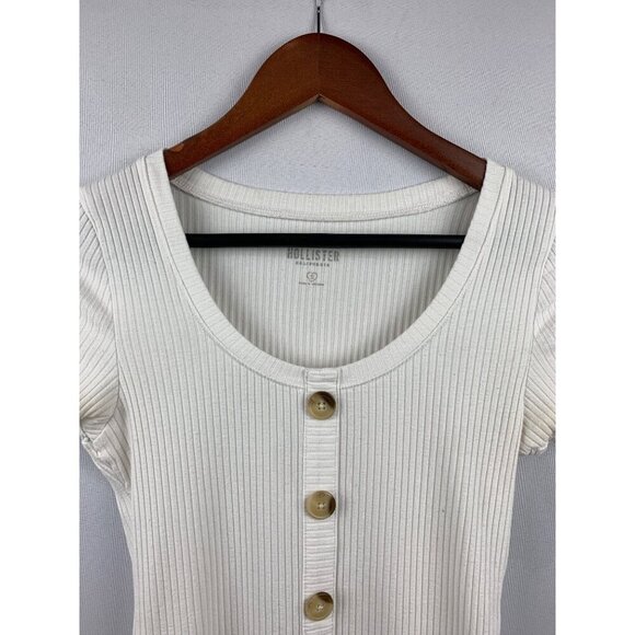 Hollister White Ribbed Button-Front Short Sleeve Top Size S - Picture 2 of 7